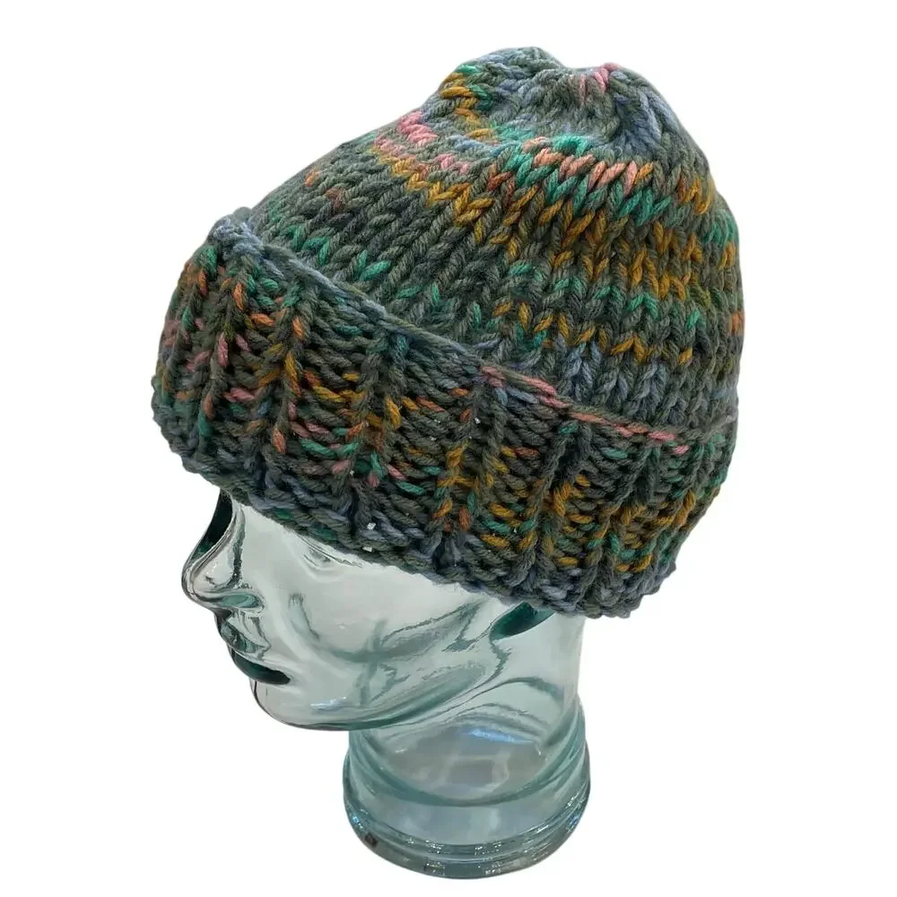 Multicolor Hand Knit Chunky Knit Cuffed Beanie / Hat, OS
